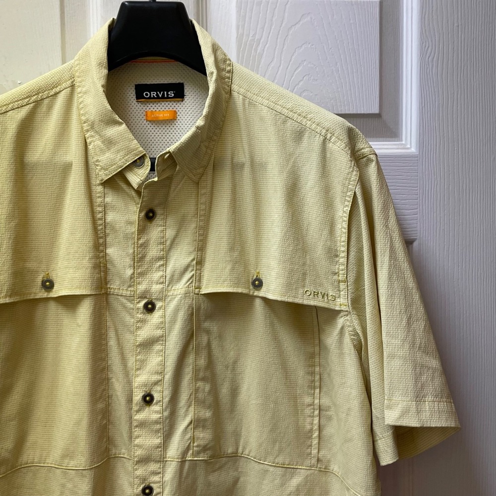 Orvis Shirt Men's Large (XL) Yellow Gingham S/S Active Fit Outdoor Performance